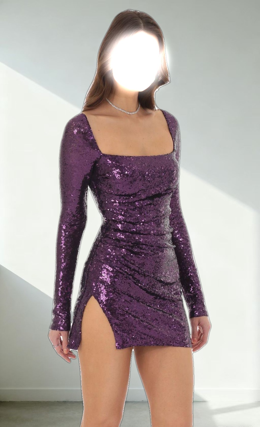 Sequin Long Sleeve Bodycon Dress in Purple