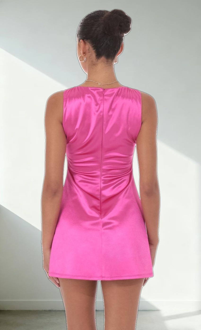 High Neck Satin Dress In Deep Pink