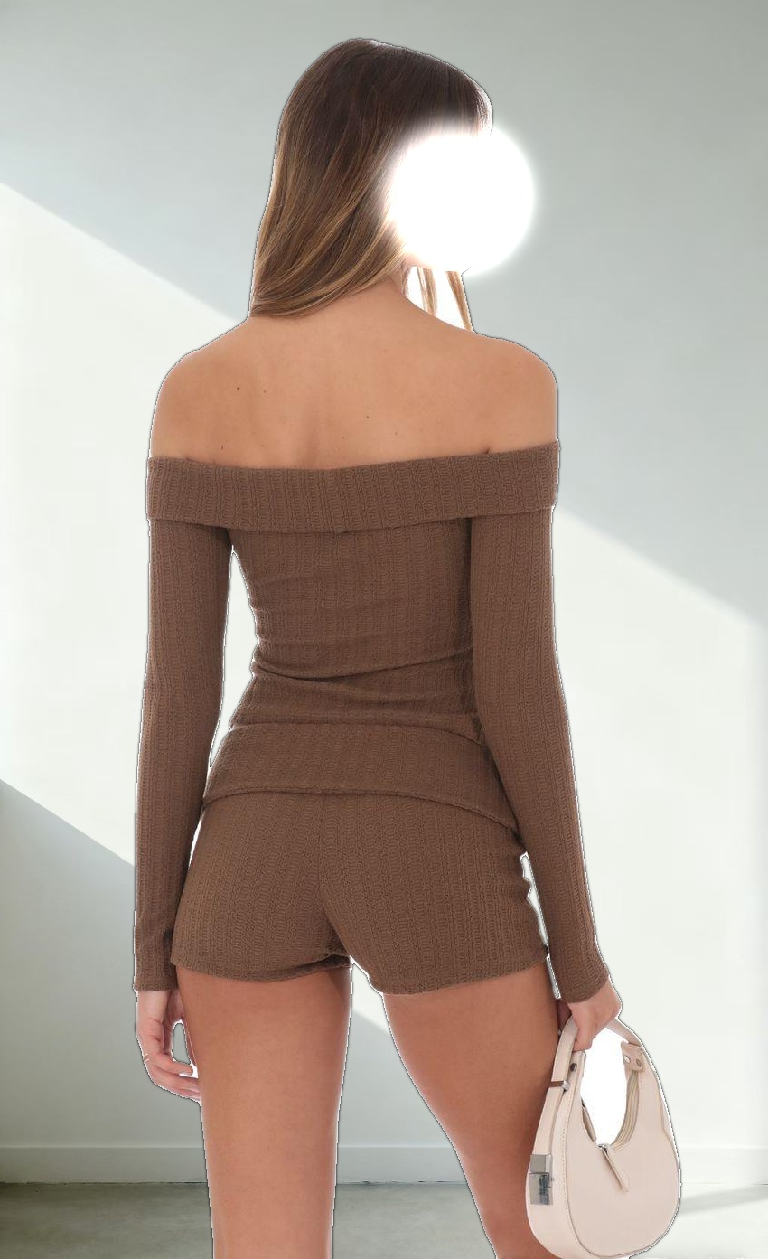 Knitted Off Shoulder Top in Brown