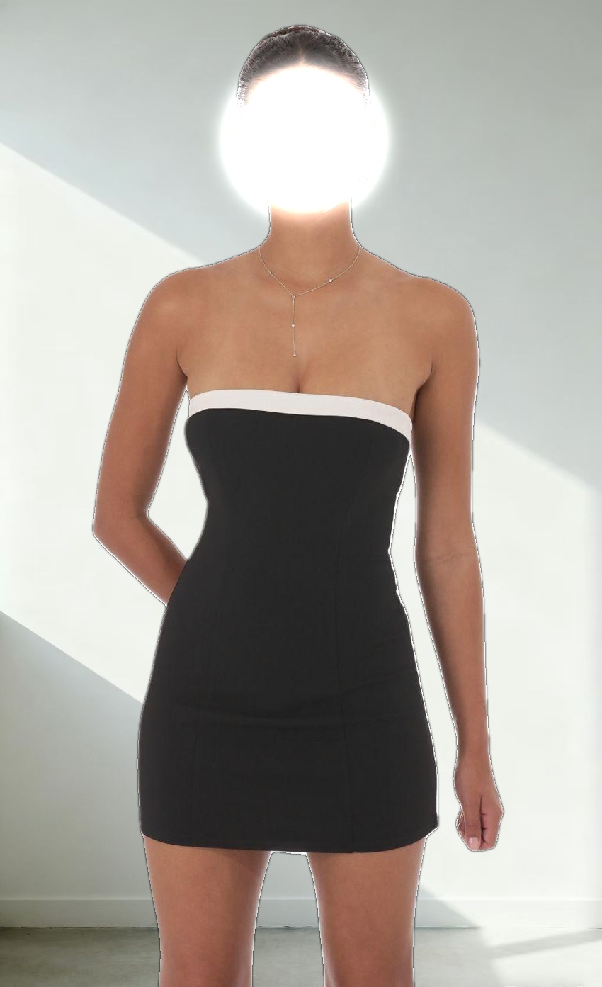 White Trim Strapless Dress in Black