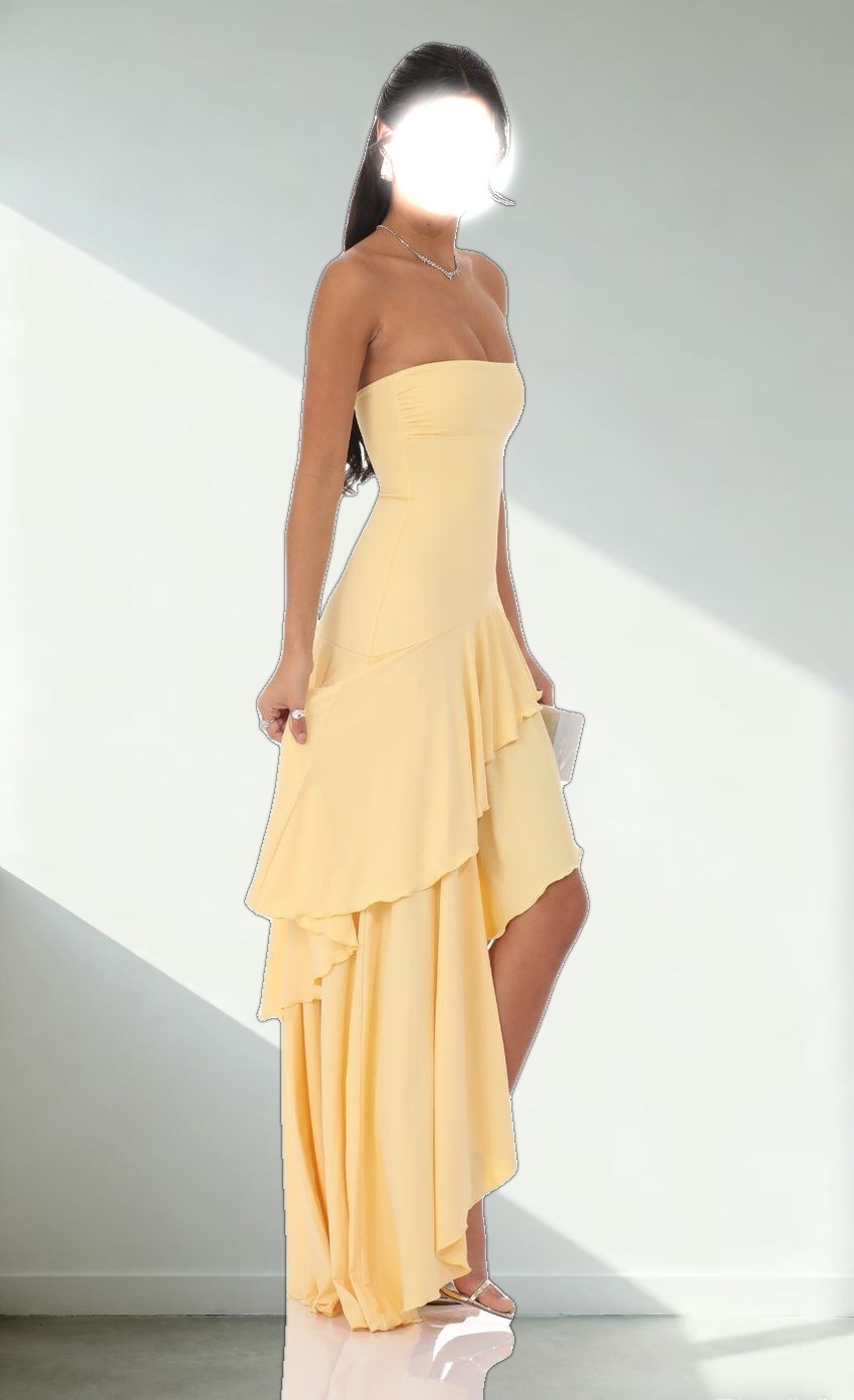 Strapless Ruffle Asymmetrical Maxi Dress in Yellow