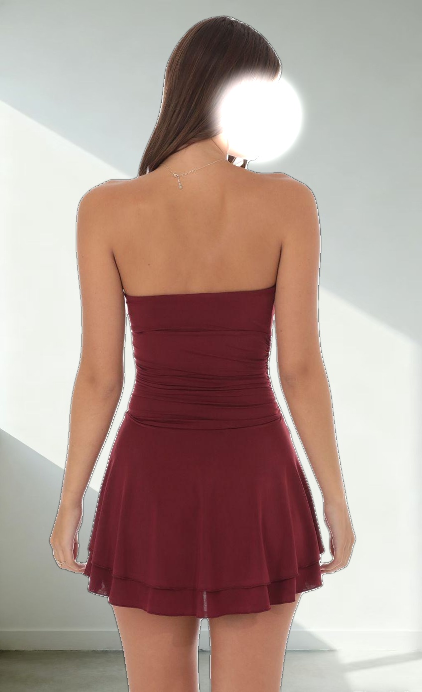 Strapless Ruched A-line Dress in Maroon