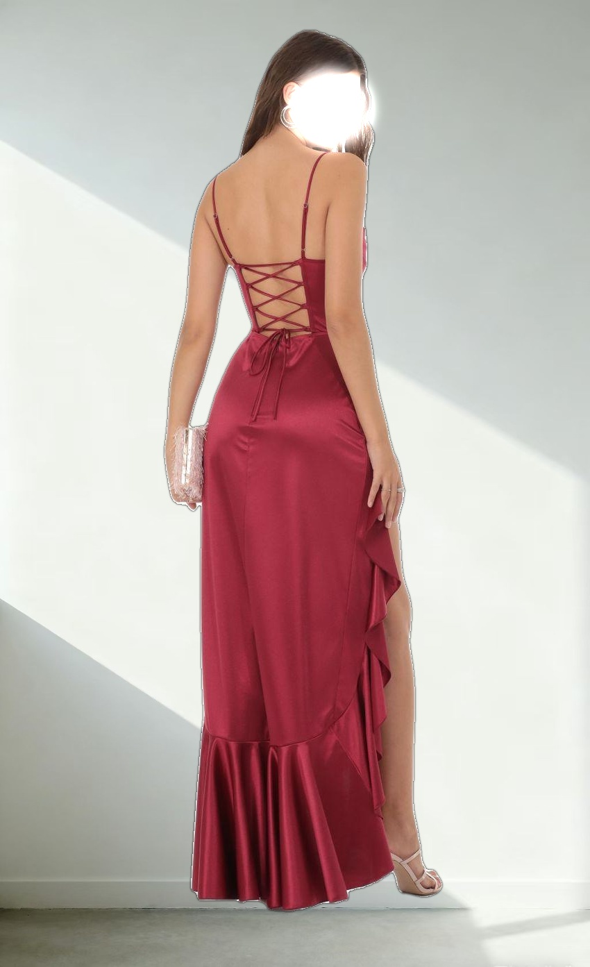 Satin Ruffle Maxi Dress in Maroon