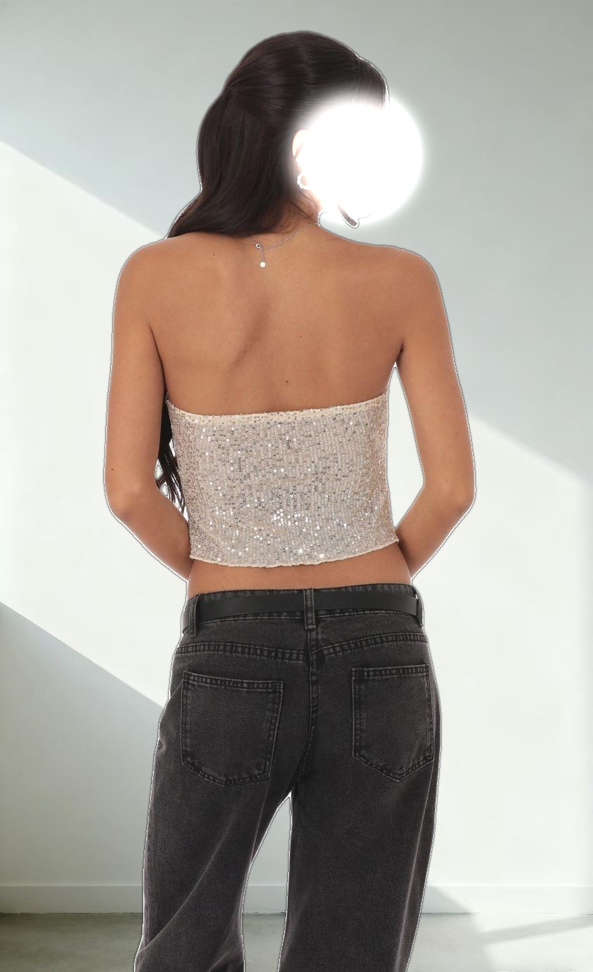 Sequin Strapless Fly Away Top in Champagne