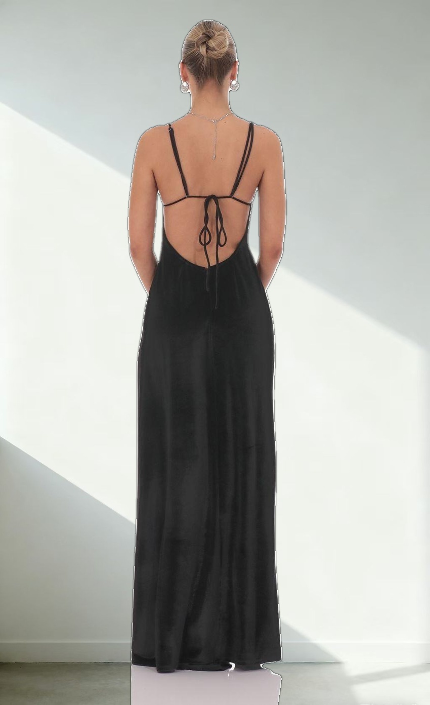 Velvet Ruffle Maxi Dress in Black