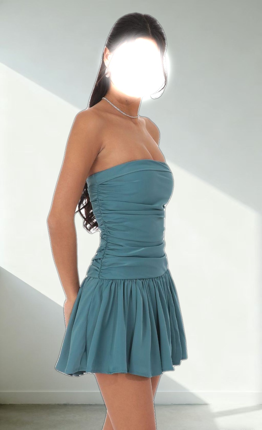 Strapless Ruched Flare Dress in Blue Teal