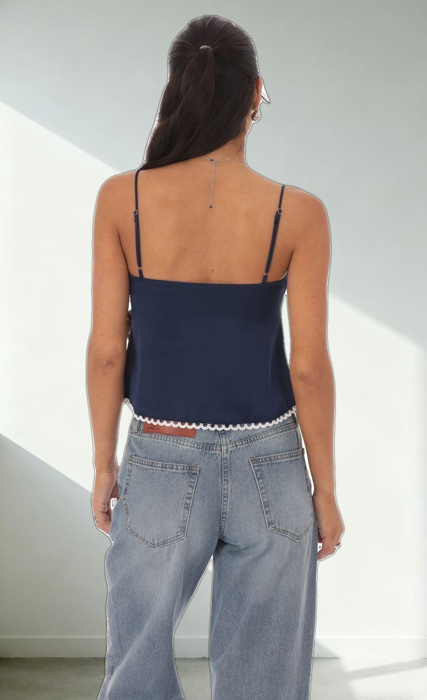 Satin Front Tie Top in Navy