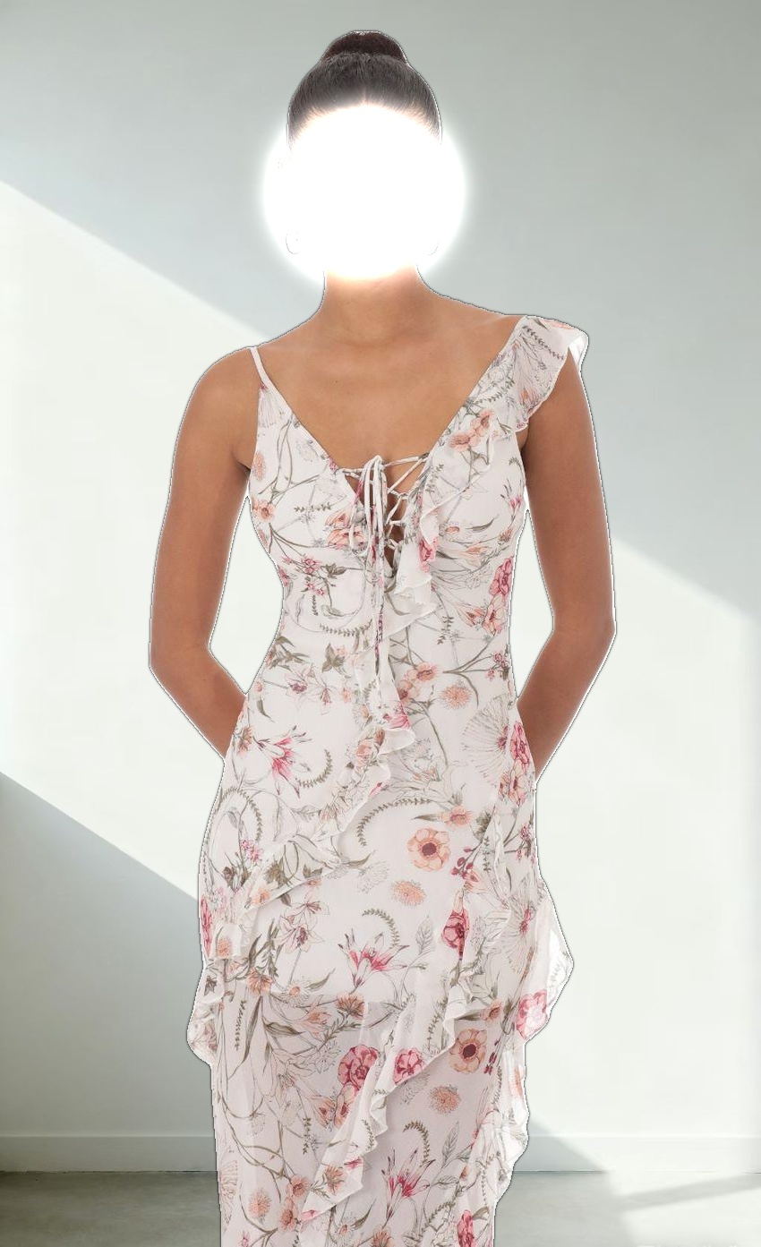 Floral Chiffon Ruffle Maxi Dress in White