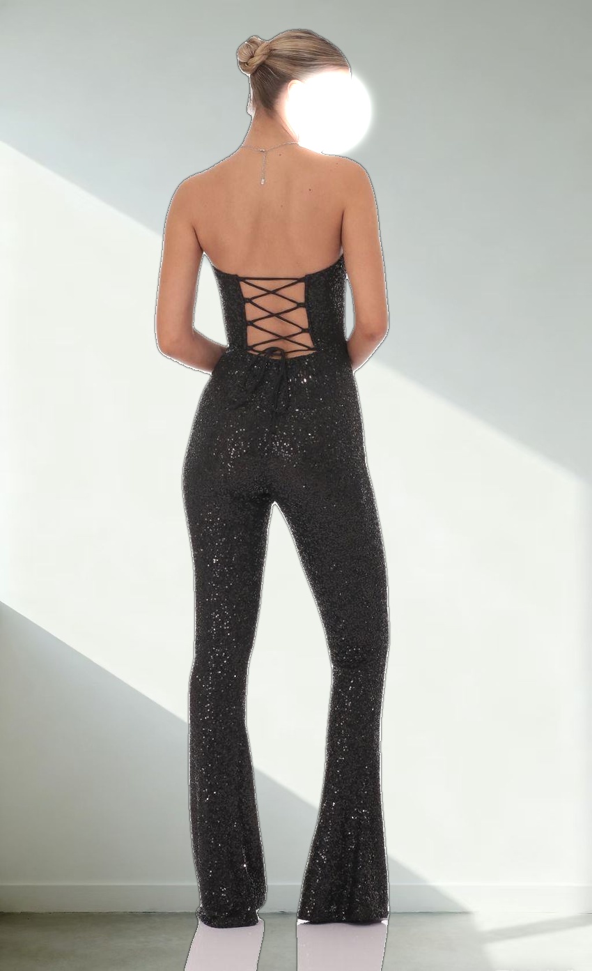 Sequin Strapless Corset Jumpsuit in Black