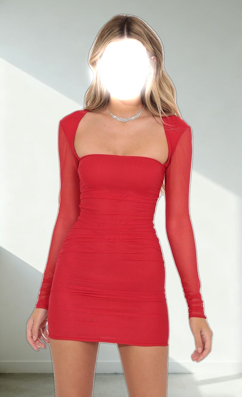 Long Sleeve Bodycon in Red Mesh