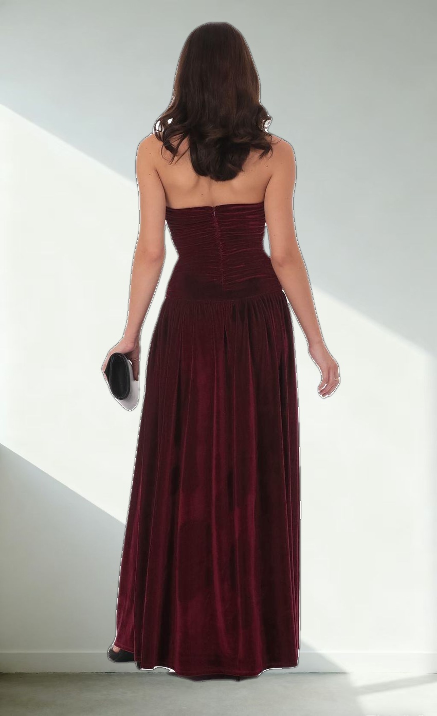 Velvet Ruched Drop Waist Maxi Dress in Wine
