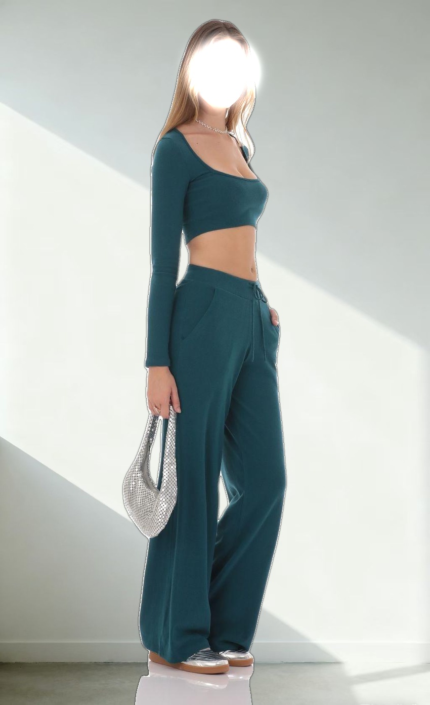 Soft Ribbed Straight Pants in Teal