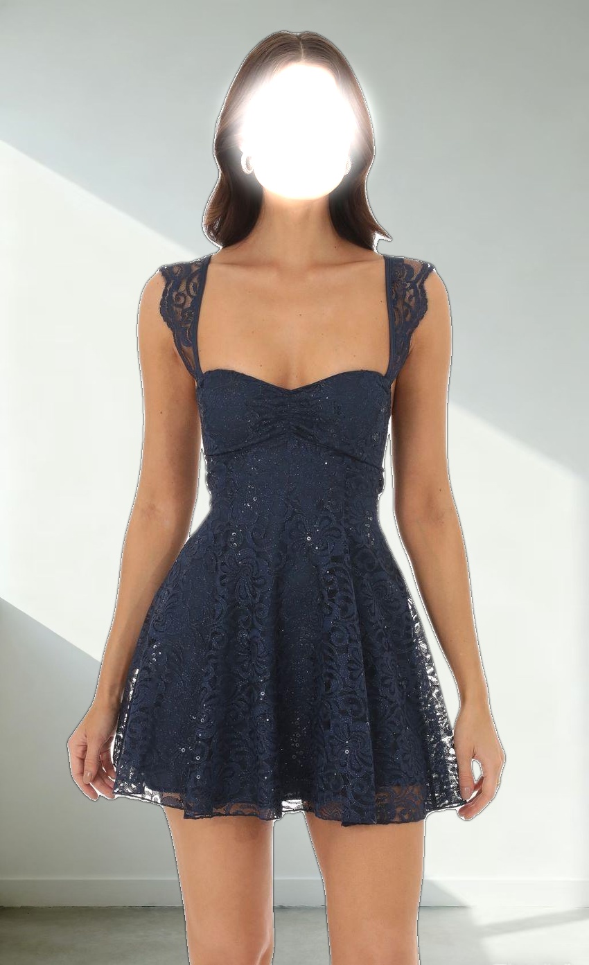 Lace Sequin Fit and Flare Dress in Navy