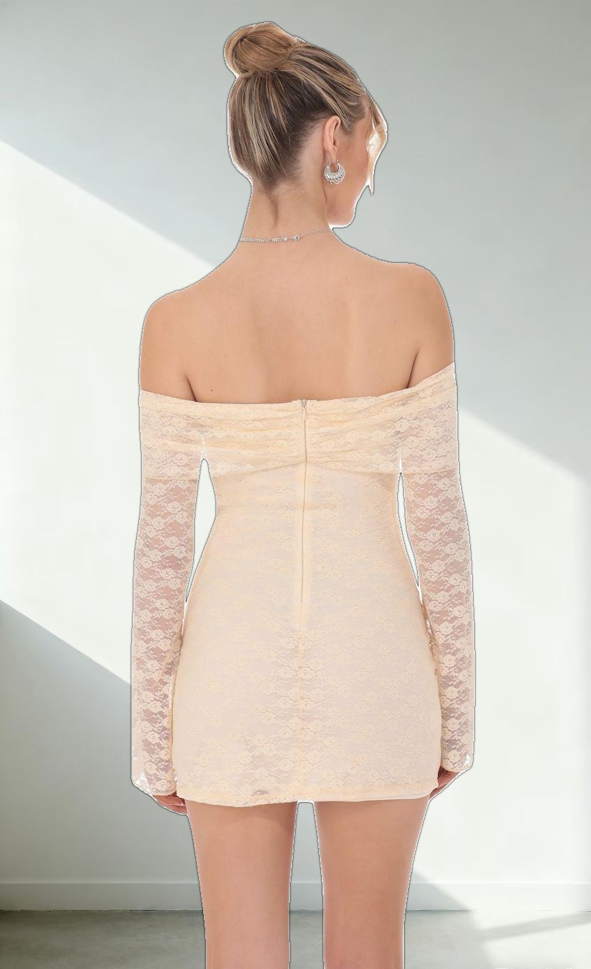 Lace Draped Off Shoulder Dress in Pastel Peach