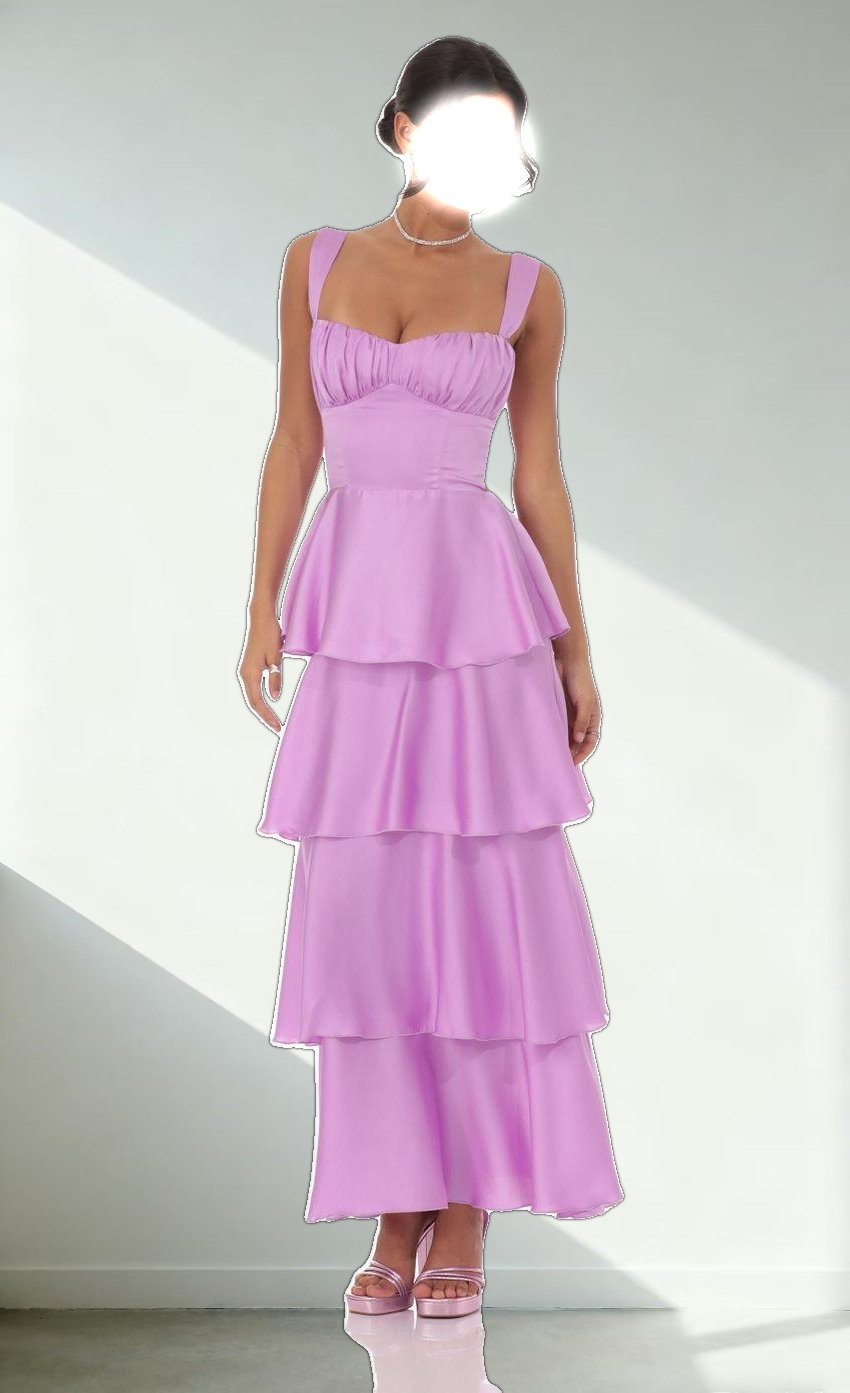 Satin Ruffle Maxi Dress in Lilac