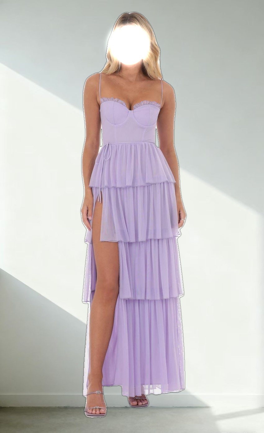 Mesh Ruffle Maxi Dress in Lavender