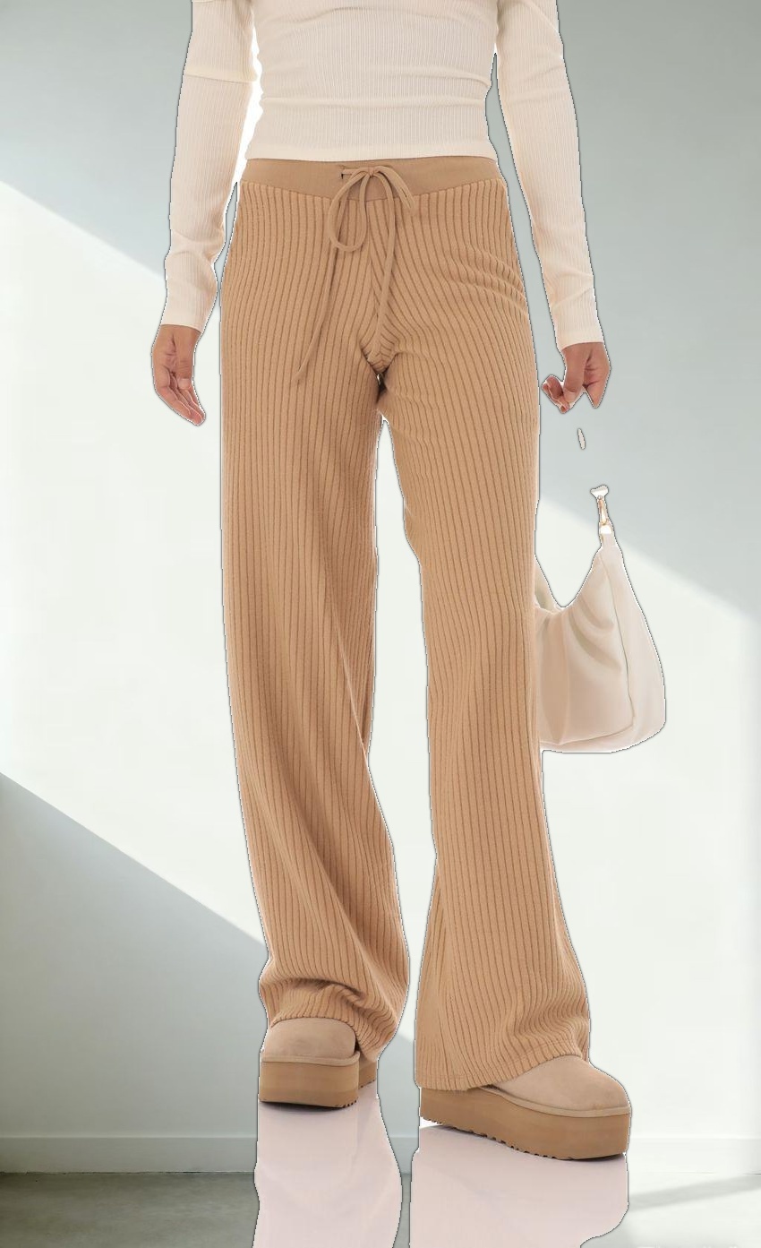 Soft Ribbed Straight Pants in Camel