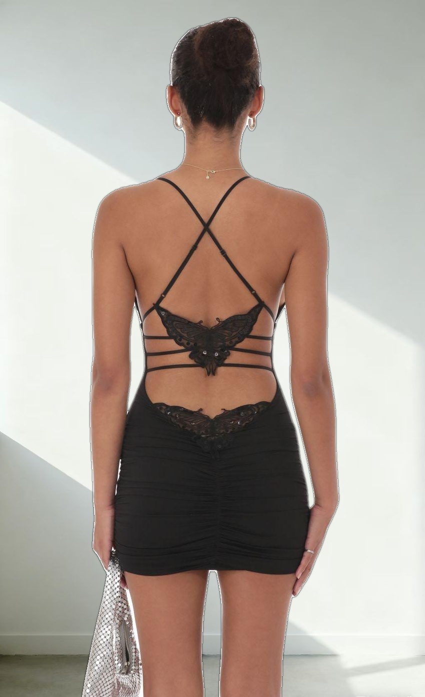 Strappy Butterfly Bodycon Dress in Black
