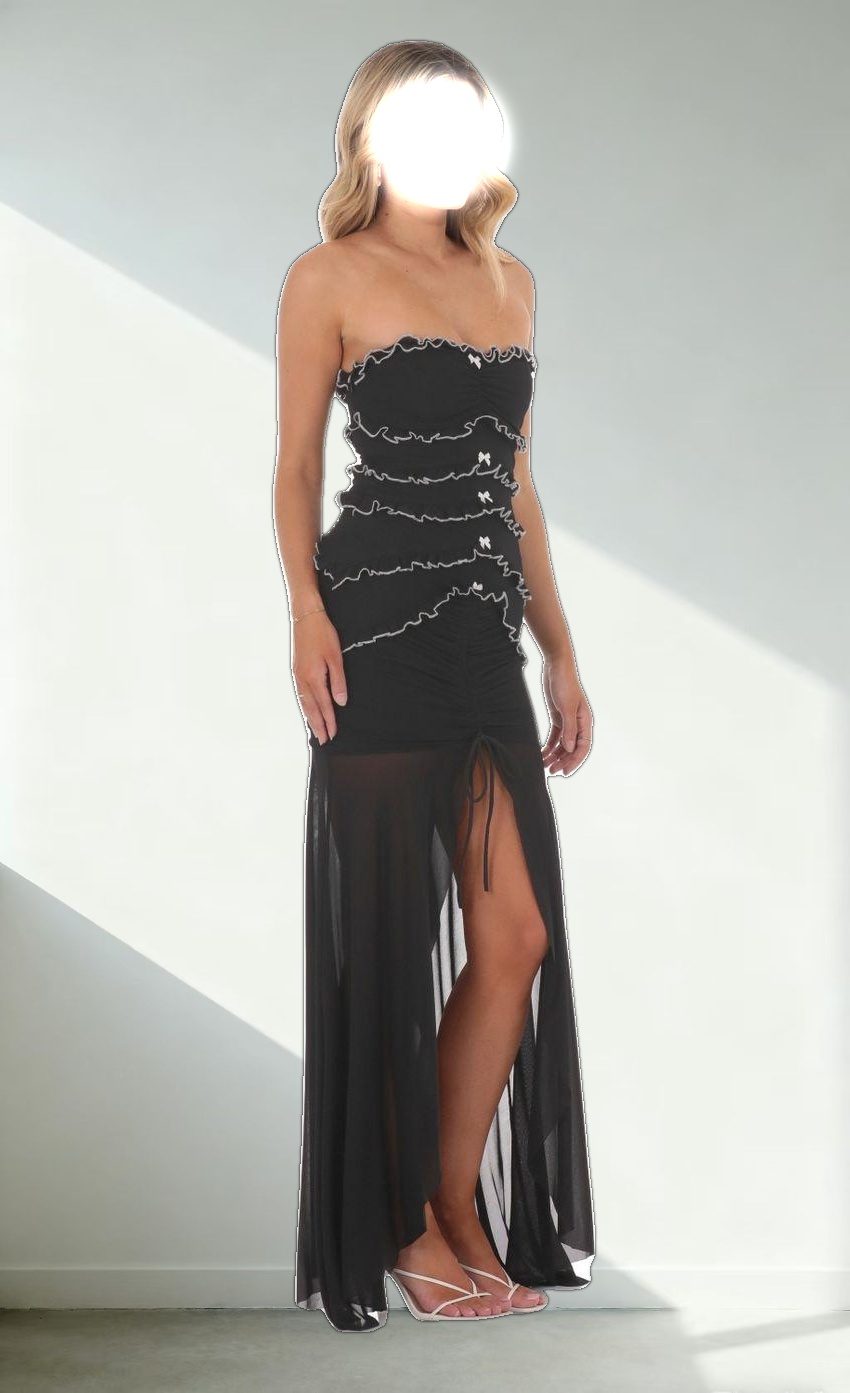 Mesh Strapless Ruffle Bodycon Maxi Dress in Black