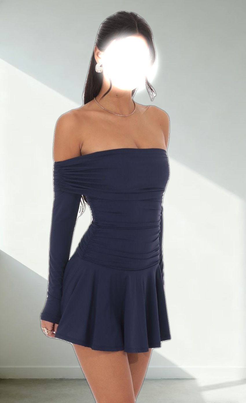Off Shoulder Ruched Flare Dress in Navy