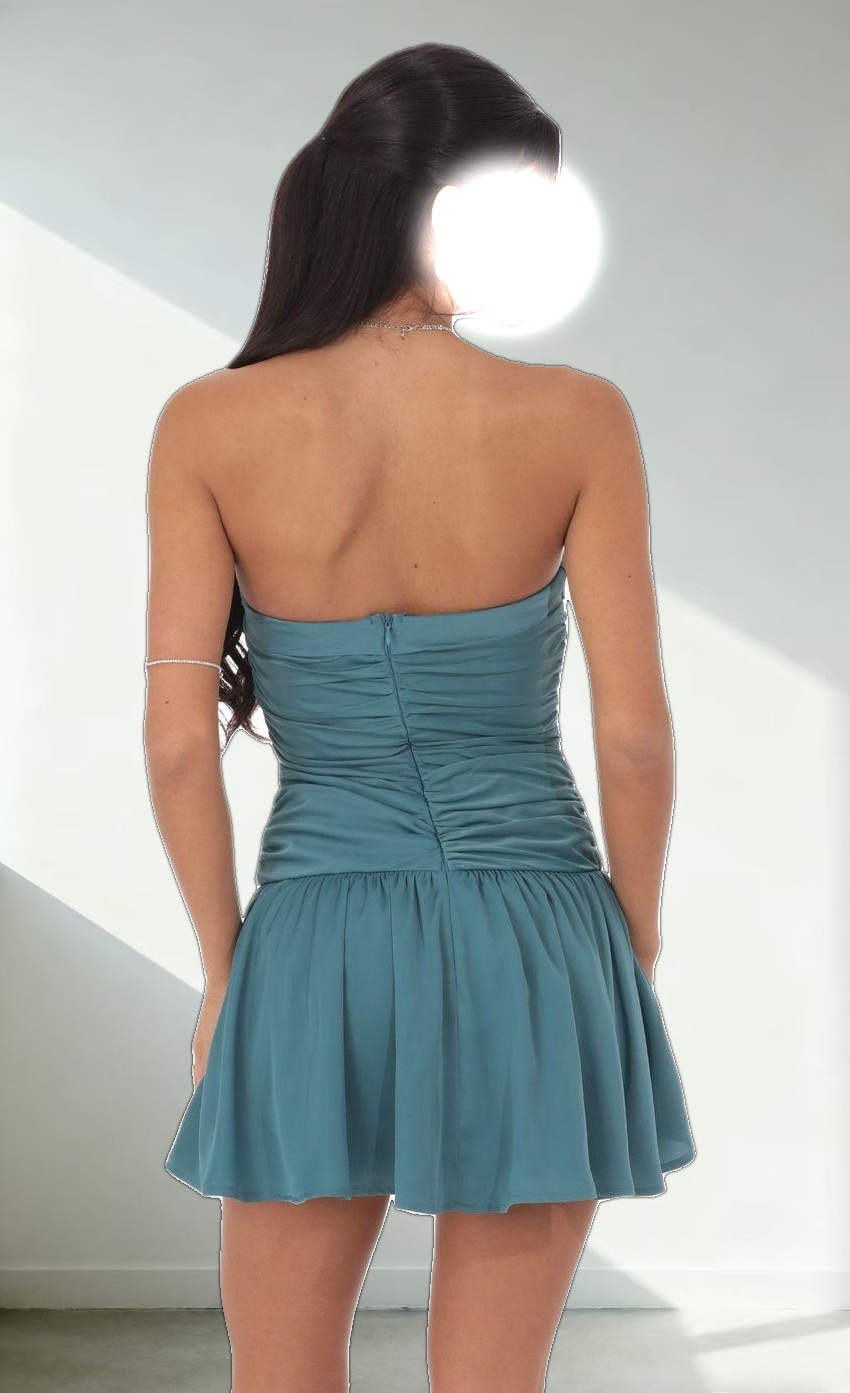 Strapless Ruched Flare Dress in Blue Teal