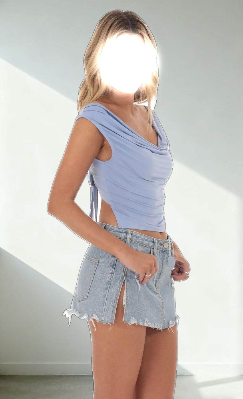 Cowl Neck Back Tie Top in Blue