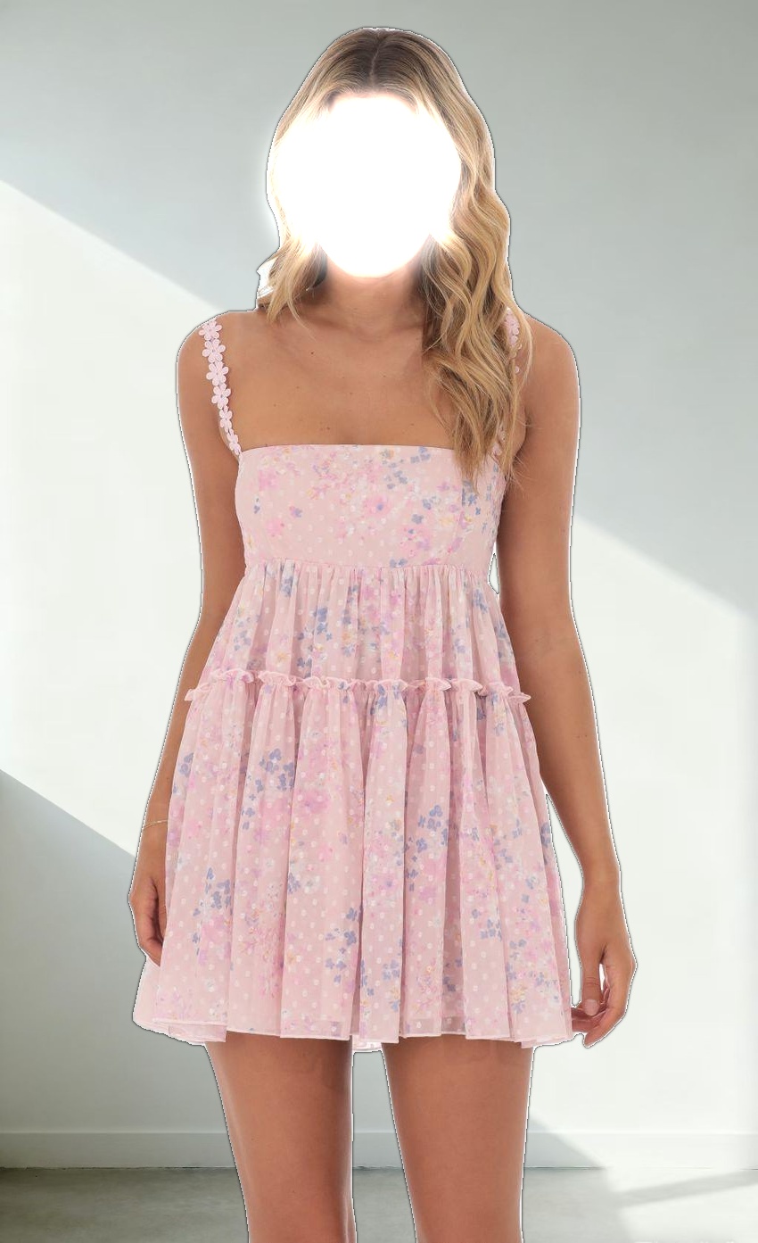 Dotted Floral Babydoll Dress in Pink