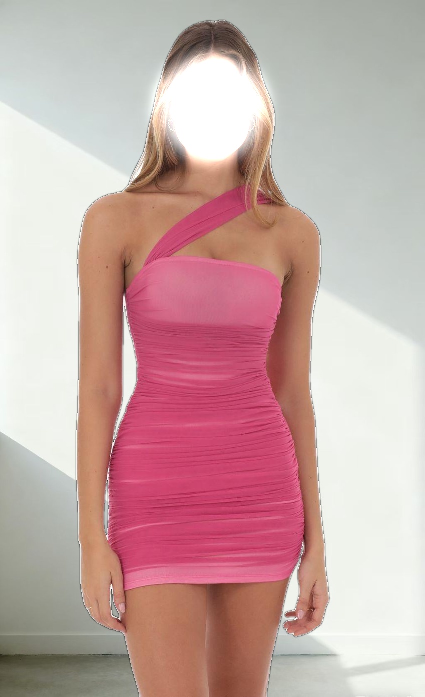 Mesh Asymmetrical One Shoulder Dress in Pink