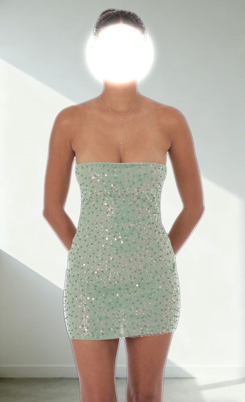 Strapless Sequin Beaded Dress in Sage Green