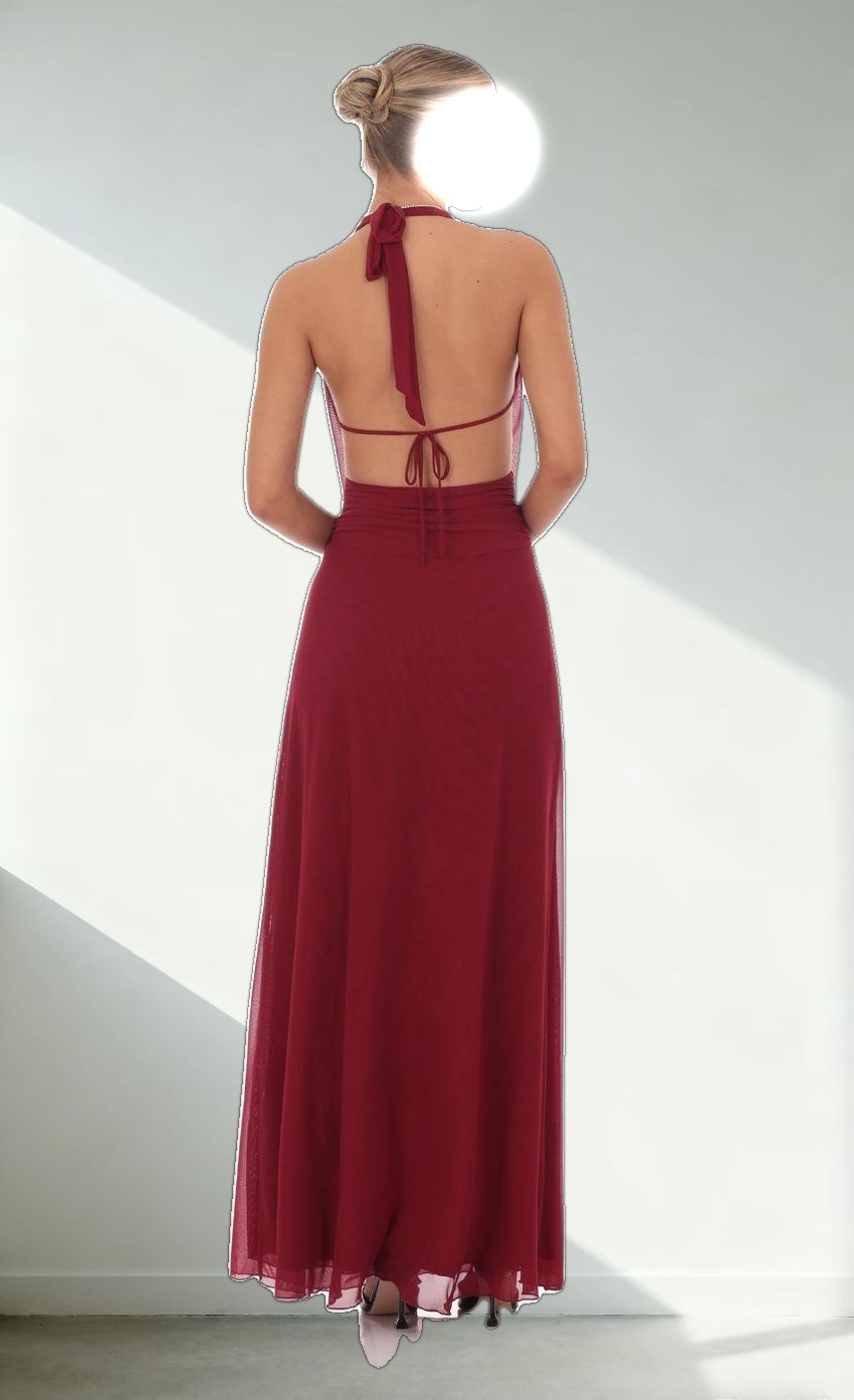 Mesh Plunge Cowl Neck Dress in Maroon