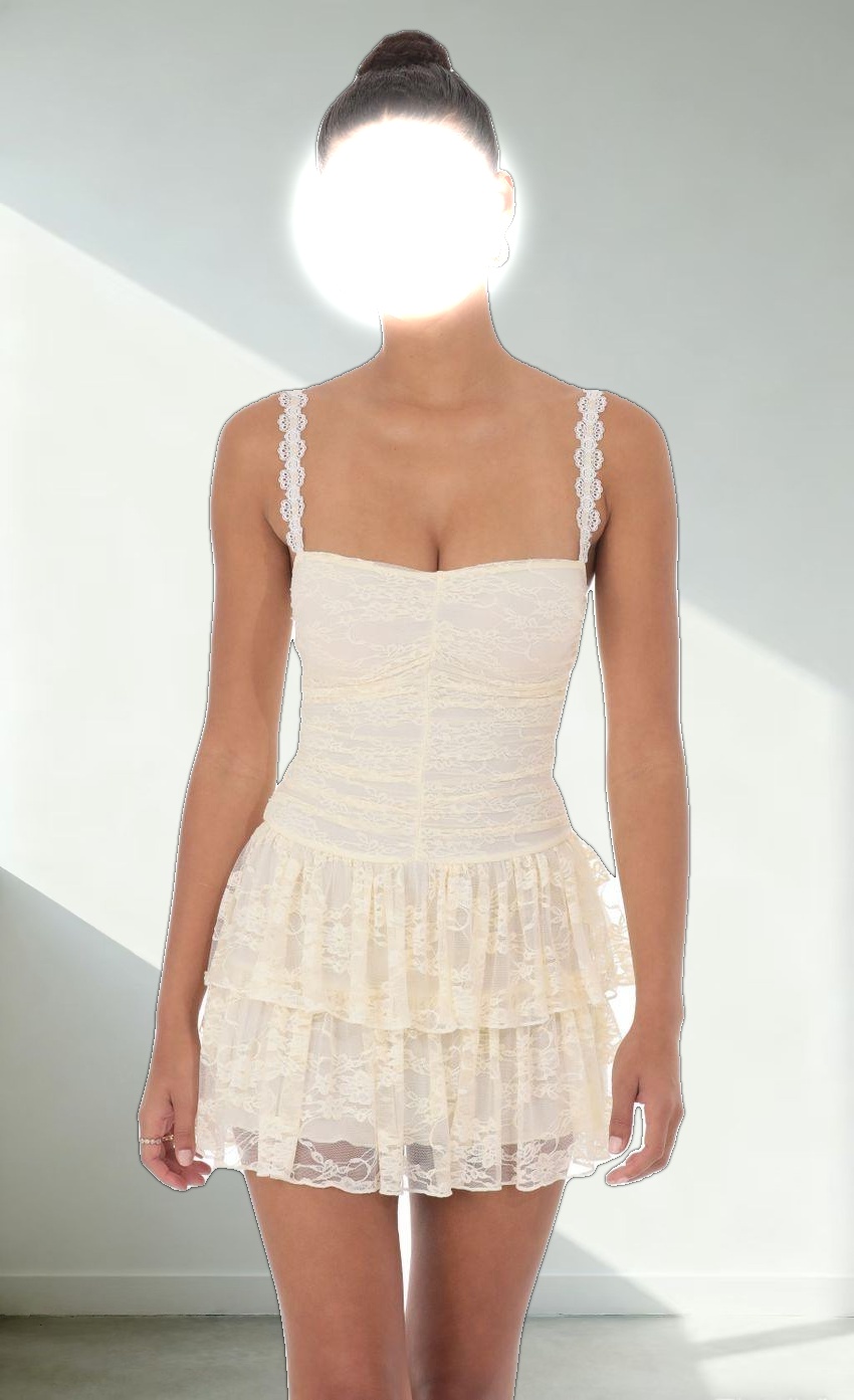 Lace Ruched Ruffle Dress in Cream