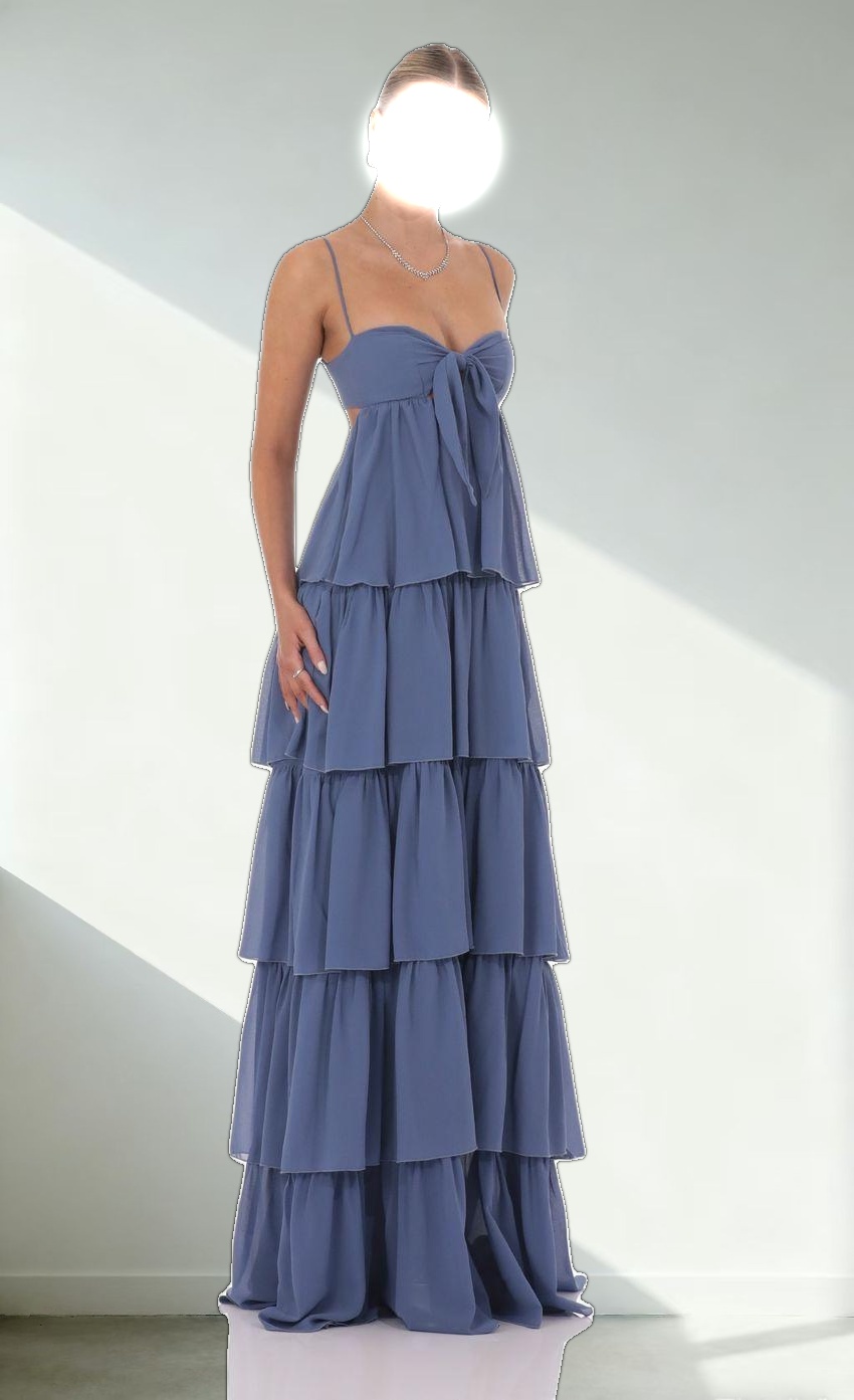 Chiffon Front Tie Ruffle Dress in Denim Blue