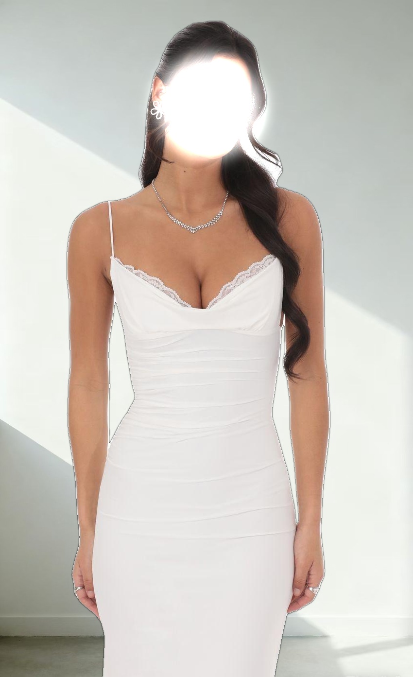 Ruched Cowl Neck Maxi Dress in White