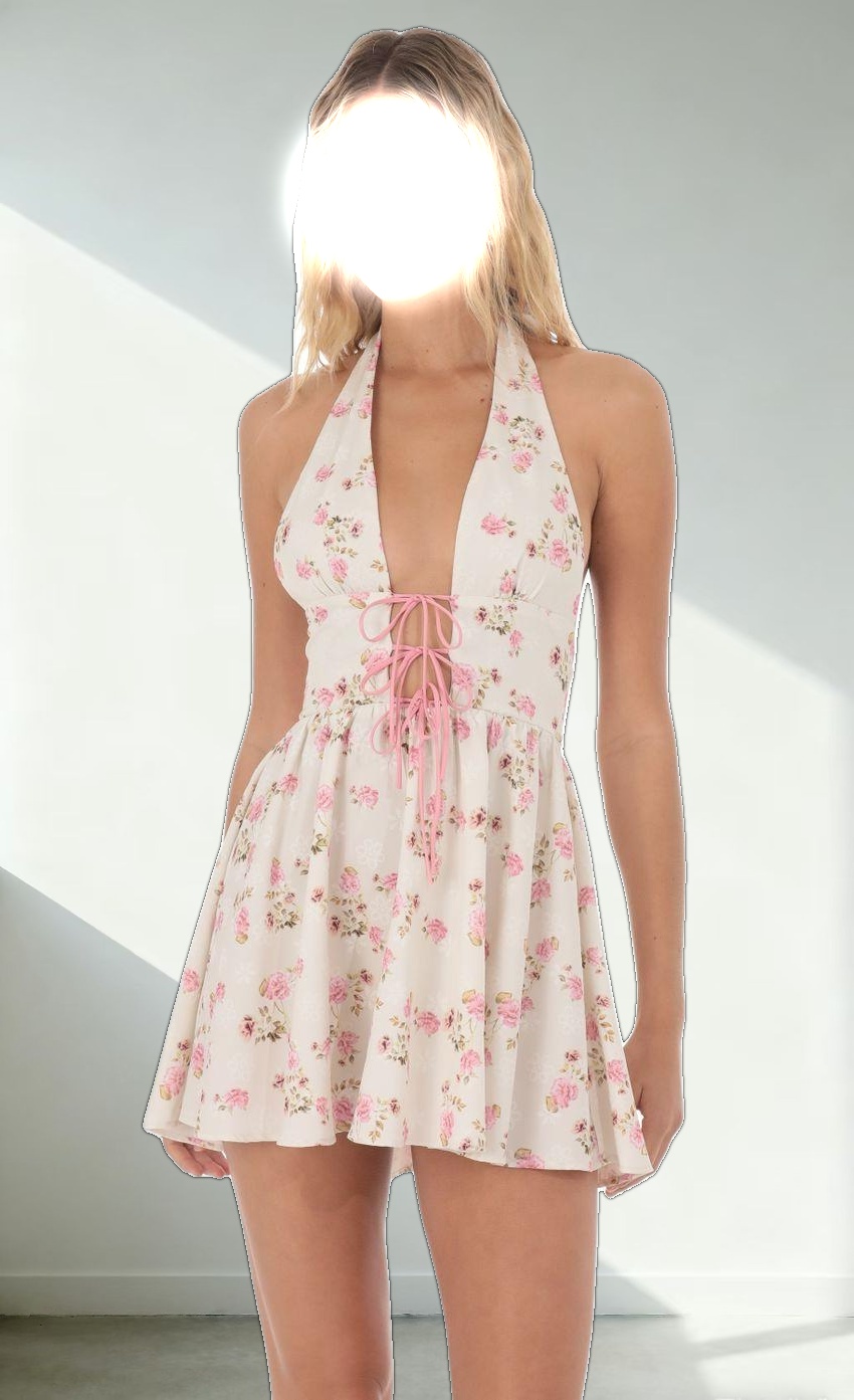 Floral Plunge Neck Dress in Cream