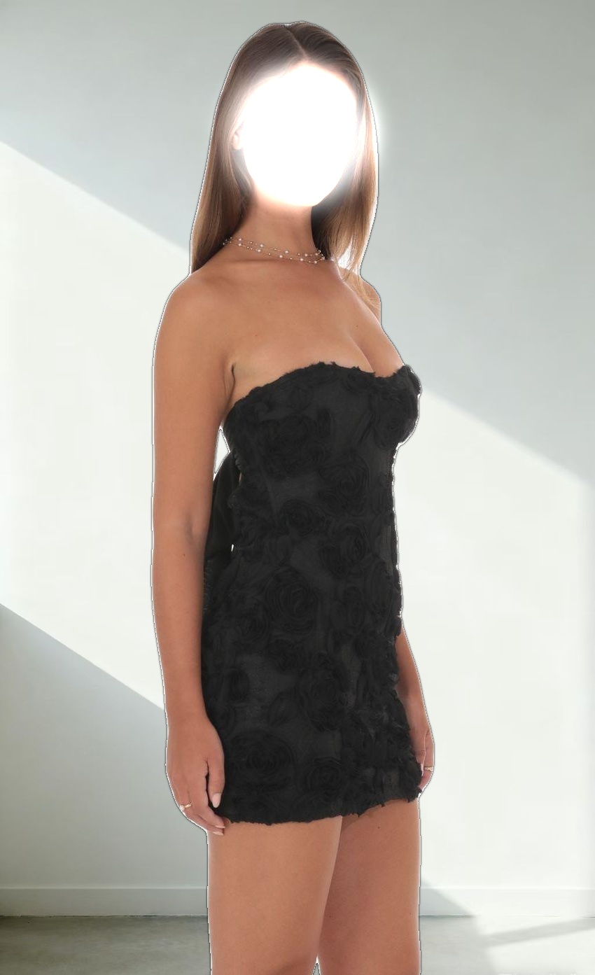 Floral Mesh Strapless Dress in Black