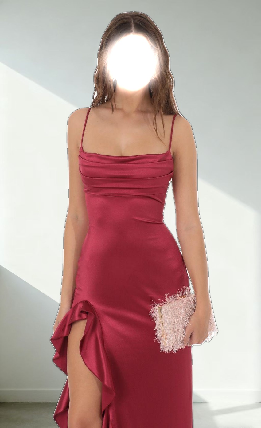 Satin Ruffle Maxi Dress in Maroon