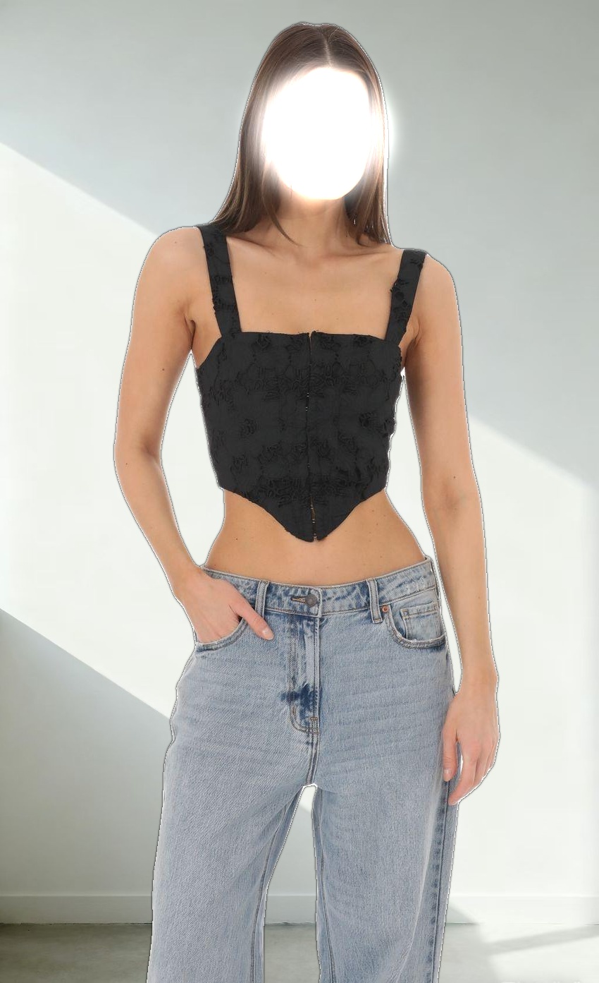 Embroidered Floral Pointed Top in Black