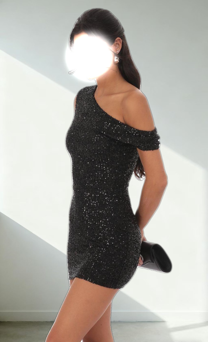Off Shoulder Sequin Bodycon Dress in Black