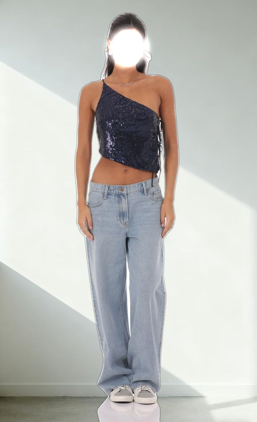 Sequin One Shoulder Tie Top in Navy