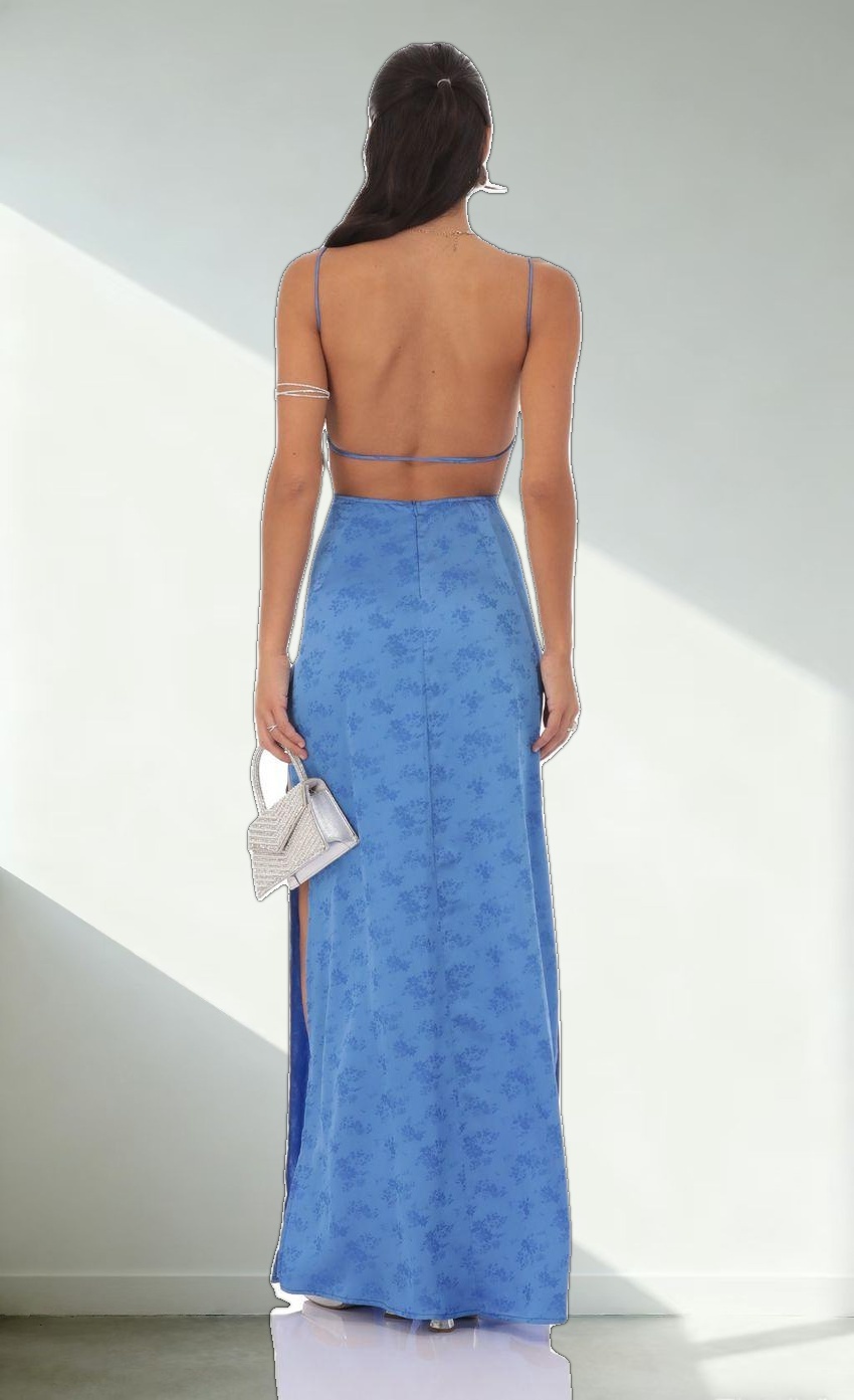 Satin Floral Maxi Dress in Blue