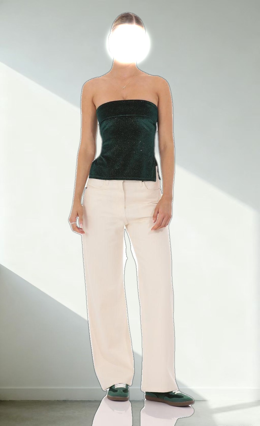 Velvet Foil Strapless Slit Top in Green