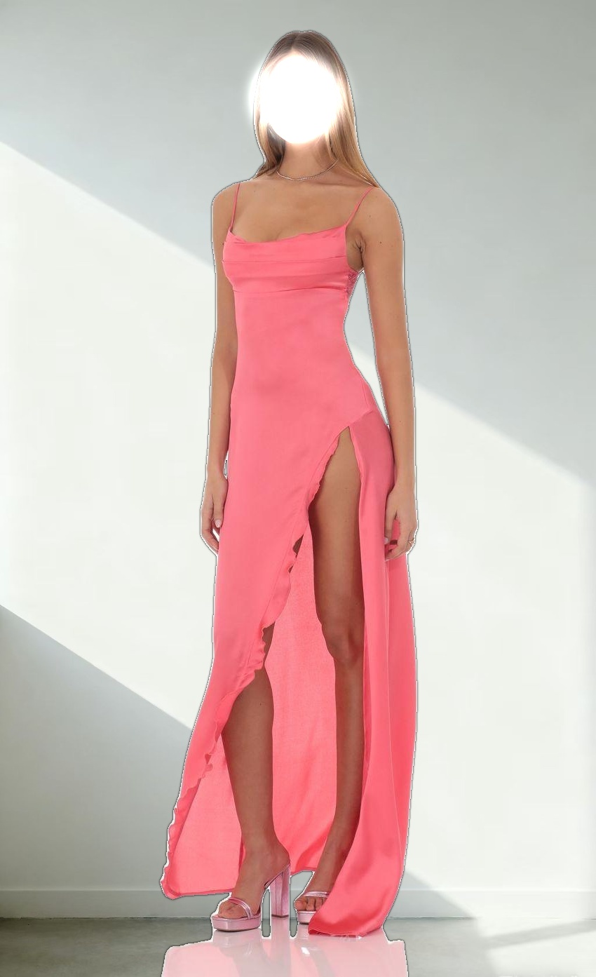 Cowl Neck Satin Open Back Maxi Dress in Coral