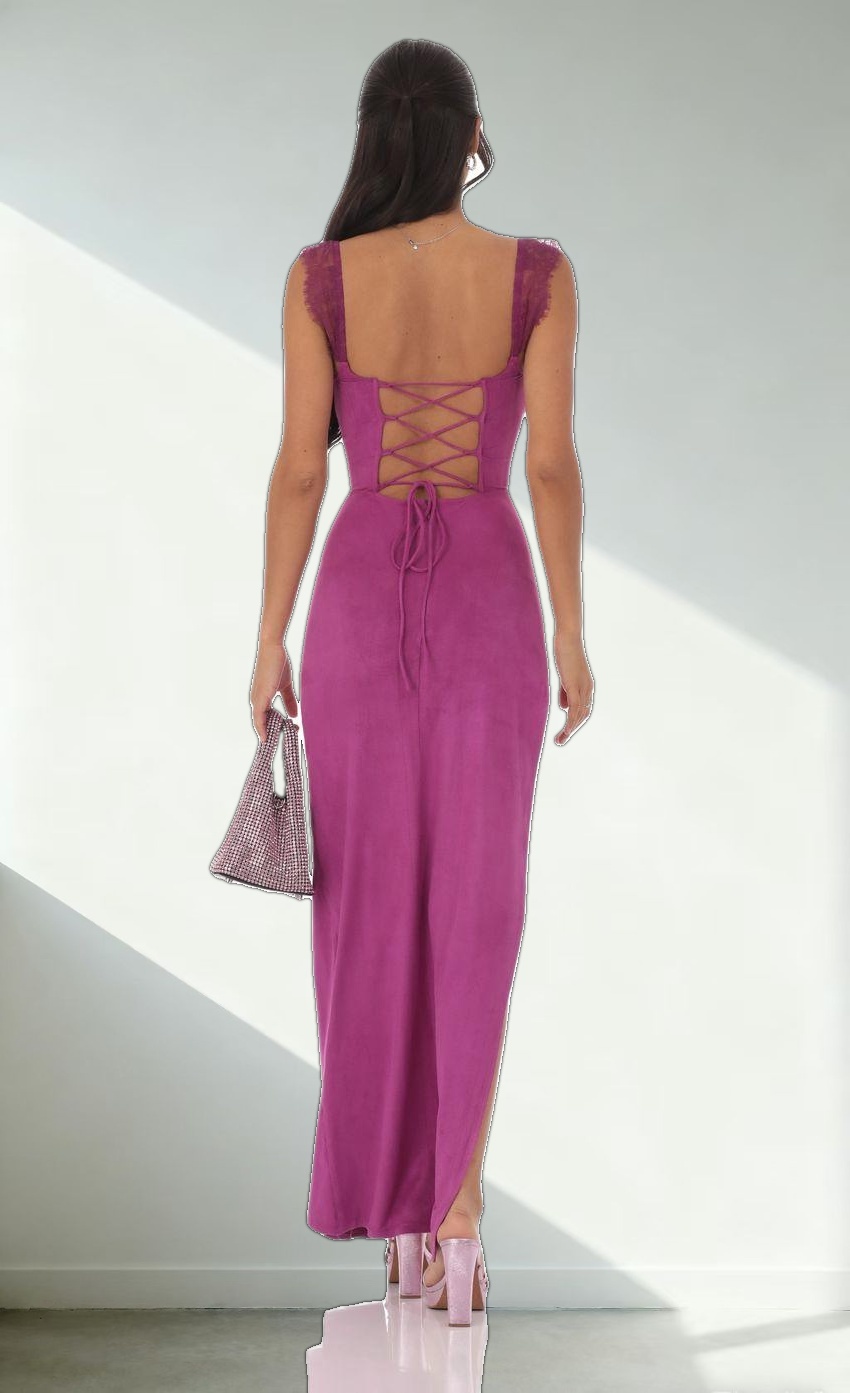 Suede Draped Lace Maxi Dress in Magenta