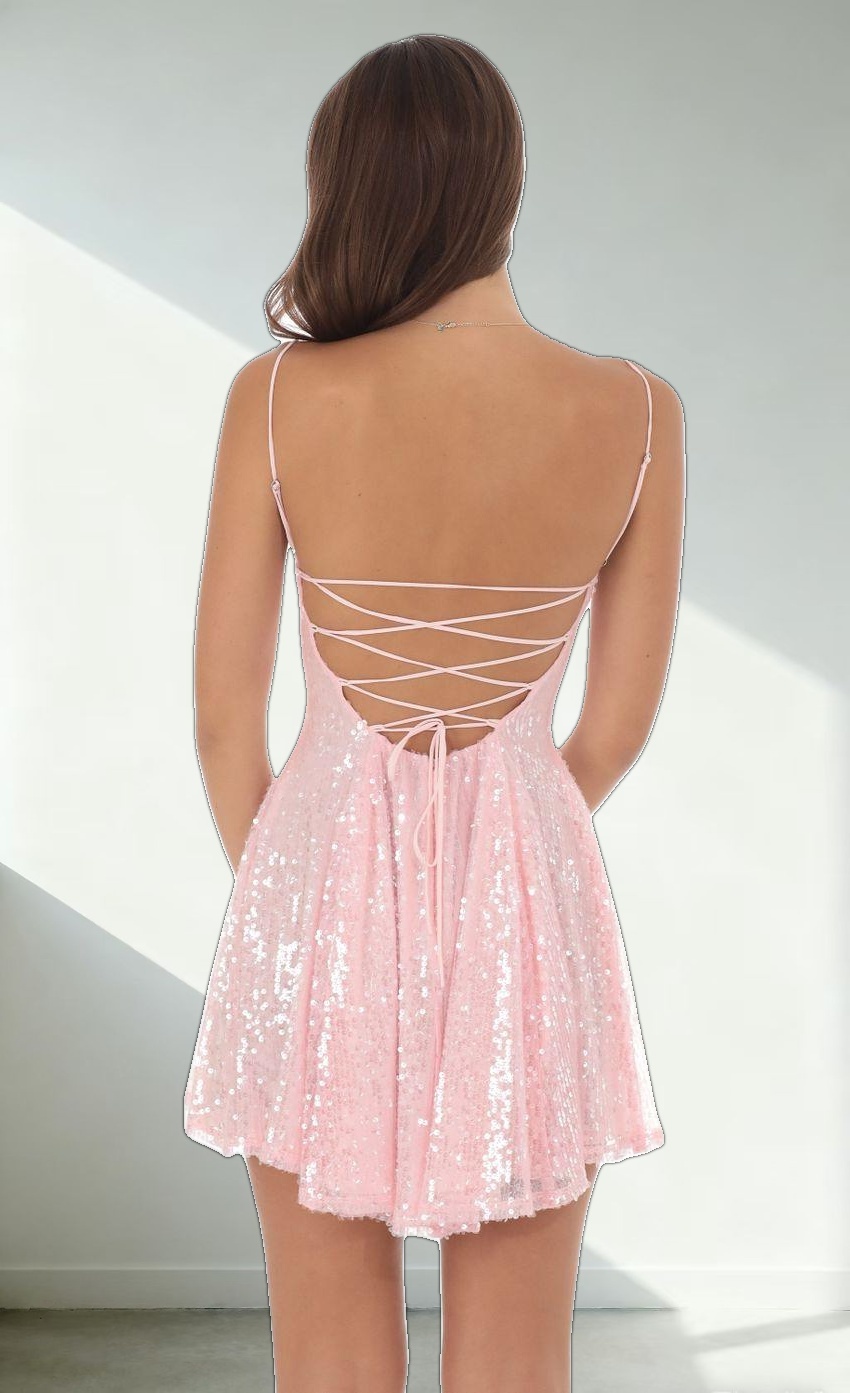 Iridescent Sequin Fit and Flare Dress in Pink