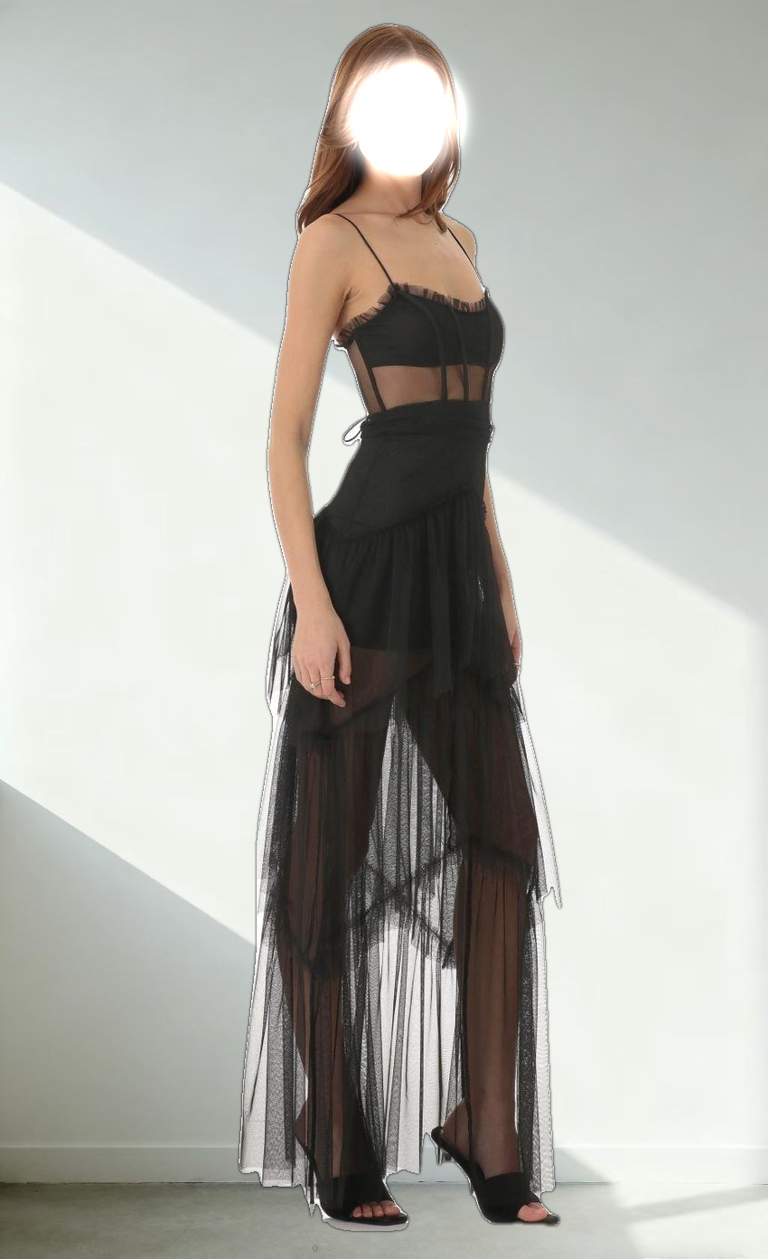Mesh Corset Maxi Dress in Black
