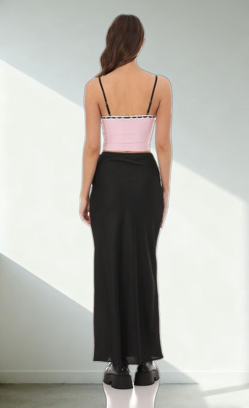 Black Ribbon Lace Crop Top in Pink