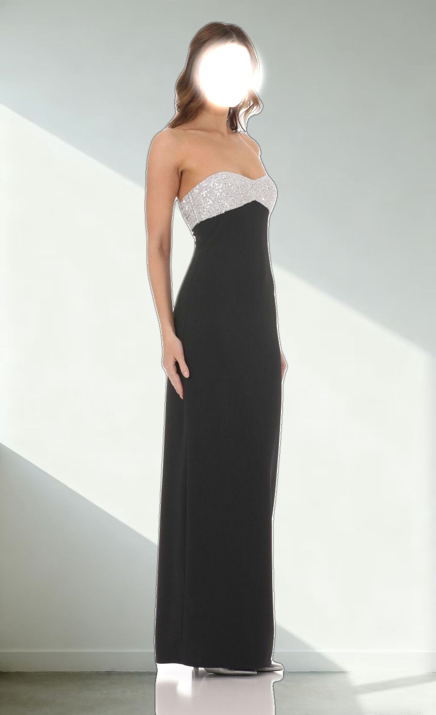 Strapless White Sequin Maxi Dress in Black