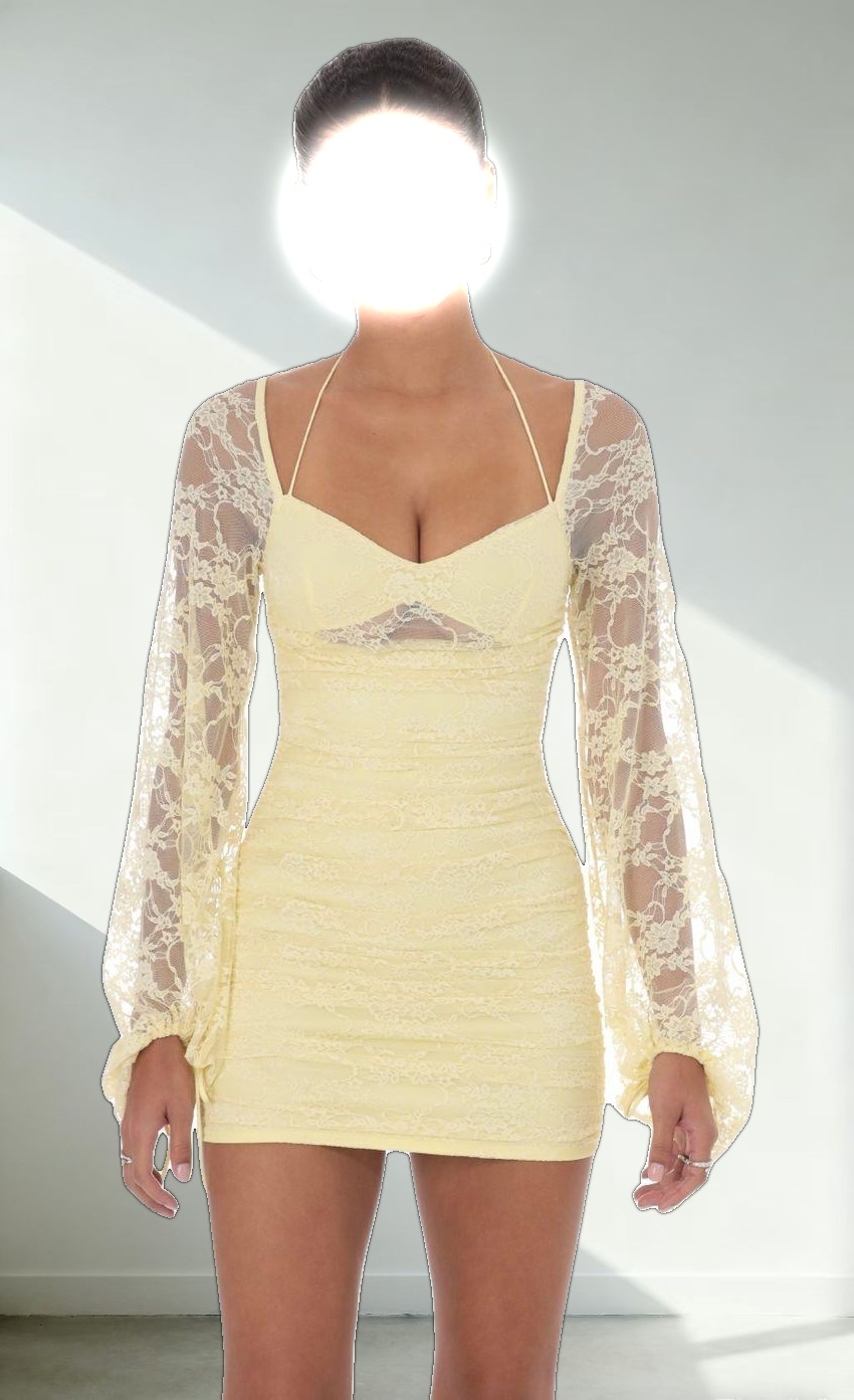 Lace Ruched Long Sleeve Dress in Yellow