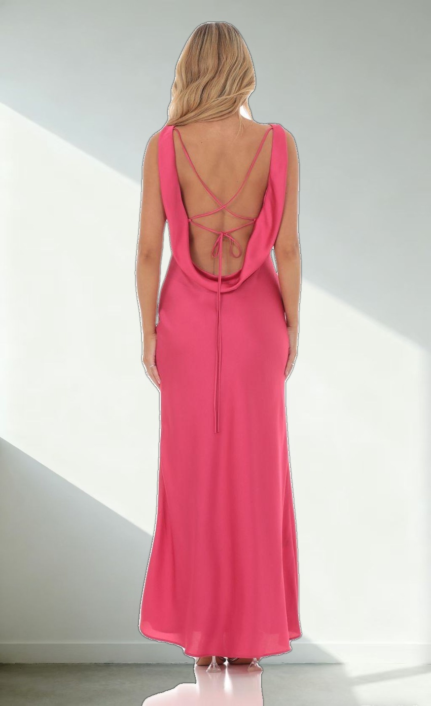 Satin High Neck Open Back Maxi Dress in Magenta