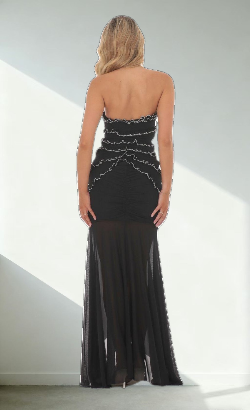 Mesh Strapless Ruffle Bodycon Maxi Dress in Black